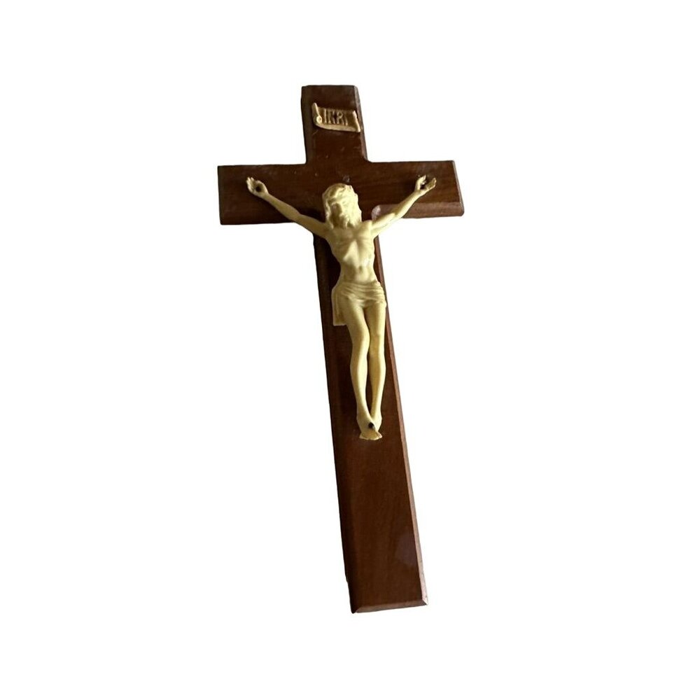 Vintage Wooden Crucifix‎ With Resin Jesus Figurine